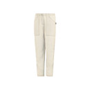 Three-quarter front view of cream trousers showing the tapered leg and patch pockets.