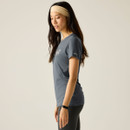 Side view of a women’s slate-grey short-sleeve T-shirt with “Nature” floral graphic on the chest.