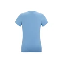 Rear view of a light blue women’s short-sleeve T-shirt with a plain back.