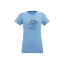 Front view of a light blue women’s short-sleeve T-shirt with a forest and sunset graphic on the chest.