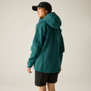 Rear view of a woman wearing a blue hooded waterproof jacket, showing the length and plain back design.
