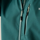 Close-up of the blue waterproof jacket showing the front zip and chest pocket with zip fastening.