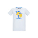 Front view of a white women’s short-sleeve T-shirt featuring a yellow lemon and blue leaf graphic with “Limonata” text.
