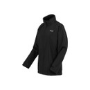 Angled front view of a black women’s waterproof jacket showing the high collar, zip fastening and shaped fit.