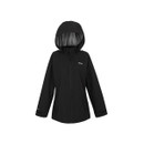 Front view of a black women’s hooded waterproof jacket with full-length zip and adjustable cuffs.