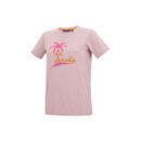 Angled front view of a light pink women’s graphic T-shirt showing the relaxed fit and chest print.