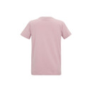 Rear view of a light pink women’s short-sleeve T-shirt with a plain back design.