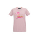 Front view of a light pink women’s short-sleeve T-shirt featuring a “Le paradis” palm tree graphic.
