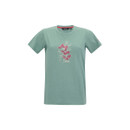 Angled front view of a green women’s graphic T-shirt showing the fit, short sleeves and floral design.