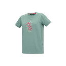 Front view of a green women’s short-sleeve T-shirt featuring a floral graphic on the chest.