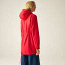 Rear three-quarter view of a woman wearing a red hooded waterproof jacket, showing the length and back shape.