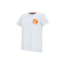 Angled front view of the white T-shirt highlighting the orange chest graphic.