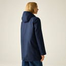 Rear view of a navy hooded waterproof jacket showing the longer length and back seam detail.