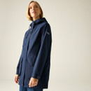 Side view of a navy hooded waterproof jacket showing the relaxed fit and sleeve detailing.