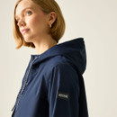 Close-up side profile of the navy waterproof jacket showing the hood shape and Regatta Great Outdoors sleeve badge.