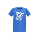 Blue short-sleeve T-shirt with white floral graphic print, front view.