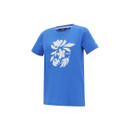 Blue floral graphic short-sleeve T-shirt, angled front view.
