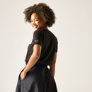 Back view of women’s black short-sleeve t-shirt.