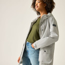 Women’s light grey hooded waterproof jacket, angled front view.