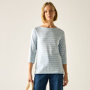 Women’s skyway blue and white striped long-sleeve t-shirt, front view.