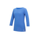 Angled view of women’s blue and white striped long-sleeve t-shirt.