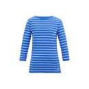 Front view of women’s blue and white striped long-sleeve t-shirt.