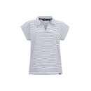 Women’s white and navy striped short-sleeve polo top, front view.