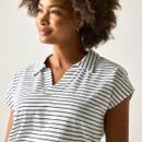 Close-up of women’s white and navy striped polo-style top with open collar.