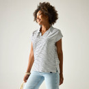 Women’s white and navy striped short-sleeve polo-style top, angled front view.