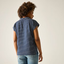 Back view of women’s navy and white striped short-sleeve polo-style top.