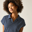 Women’s navy striped short-sleeve polo-style top, front detail view.