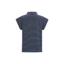 Back view of women’s navy and white striped short-sleeve polo top.