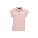 Women’s pink and white striped short-sleeve polo top, front view.
