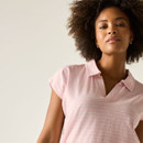 Women’s pink and white striped short-sleeve polo-style top, front close-up.