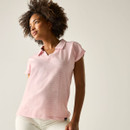 Women’s pink and white striped short-sleeve polo top, relaxed fit.