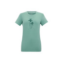 Women’s ivy green short-sleeve stretch t-shirt with floral graphic, front view.