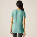 Back view of women’s ivy green short-sleeve stretch t-shirt, plain design.