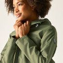 Close-up of a green hooded jacket showing the drawcord hood, collar and zip detail.