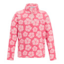 Pink fleece jacket with a quarter-zip, covered in a pattern of large, white daisy-like flowers. The soft fabric and vibrant design evoke warmth and joy.