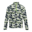 Camouflage-patterned fleece pullover with a high collar and quarter zip. Shades of grey and green create a rugged, outdoor-ready look.