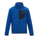 Blue fleece jacket with a high collar and black zip accents. Features zippered chest and side pockets. Logo on the chest. Outdoor, sporty look.