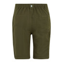 Olive green cargo shorts with an elastic waistband, visible stitching, and a back pocket. The casual design conveys a practical, outdoor style.
