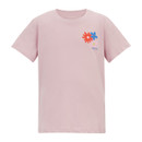A pastel pink T-shirt features a simple design with red and blue flower graphics near the chest. The shirt conveys a casual and playful tone.
