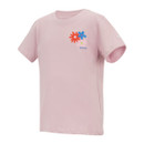 Pink t-shirt with short sleeves featuring colorful floral graphics on the chest: red, blue, and light pink flowers. The style is casual and cheerful.