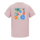 Pink T-shirt featuring a colorful floral design on the back, with vibrant orange, blue, and red flowers. The tone is cheerful and playful.