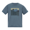 Blue T-shirt featuring a printed design of a motorcyclist riding over hills against a sunset. Text reads "Born to Roam". Casual and adventurous tone.