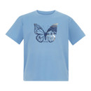 Light blue T-shirt featuring a large butterfly graphic with a nighttime forest scene within its wings, conveying a peaceful, nature-inspired design.