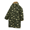 Green jacket with cream horse pattern, featuring a hood and warm brown lining. The design conveys a playful and cosy outdoor style.