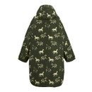 Dark green coat with beige horse patterns, featuring a relaxed fit and a hood. The design creates a playful and stylish appearance.