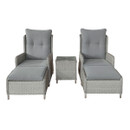 Front view of two grey rattan reclining armchairs with pale blue cushions and matching footrests, with a woven side table between them, on a white background.